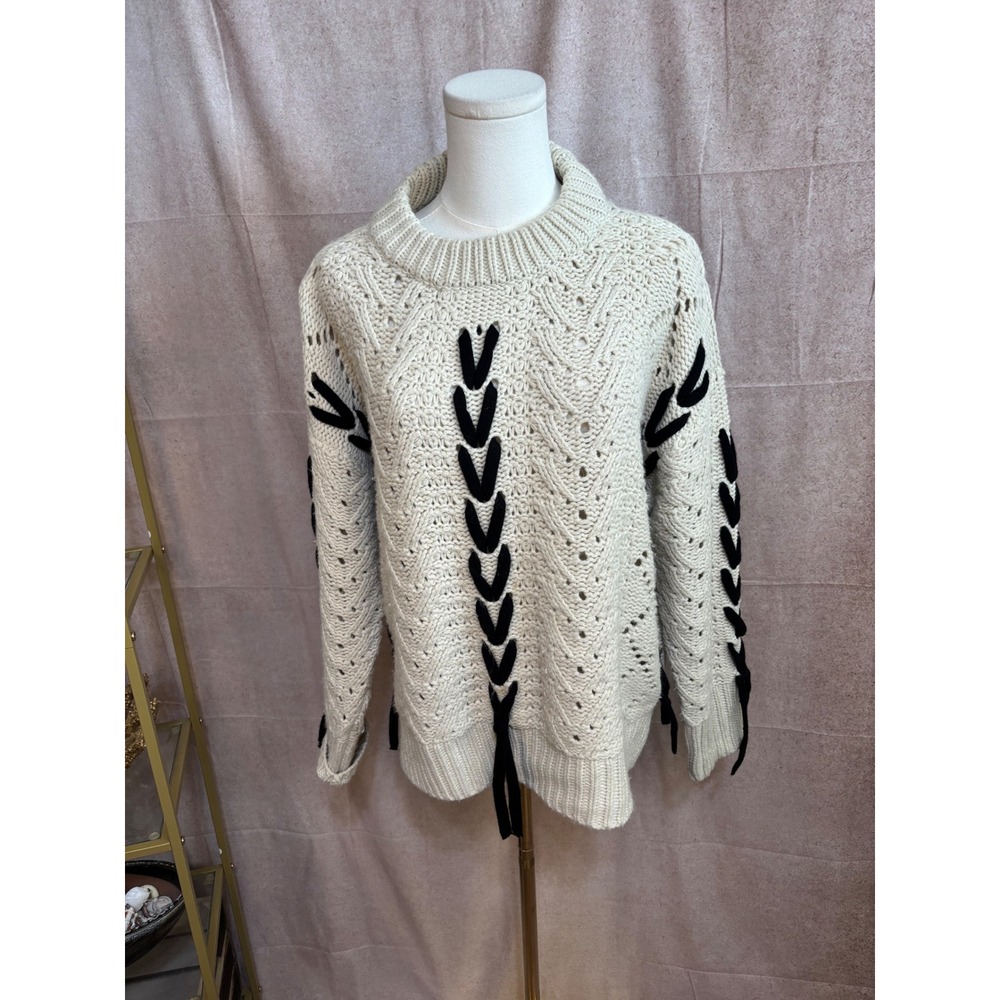 Retrod Ivory‎ Chunky Knit Whipstitch Lace Up Pointelle Sweater Womens Medium